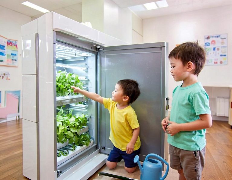 kinder vor eine kidZfarming Schrank mit Kräutern und Gemüse