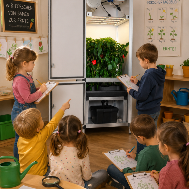 kinder vor eine kidZfarming Schrank mit Kräutern und Gemüse